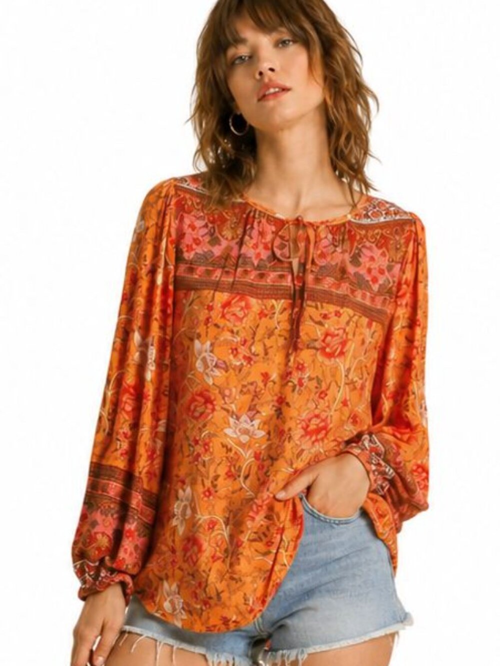 New Umgee M 8 10 Peach Mixed Floral Border Print Long Puff Sleeve Split Neck Top